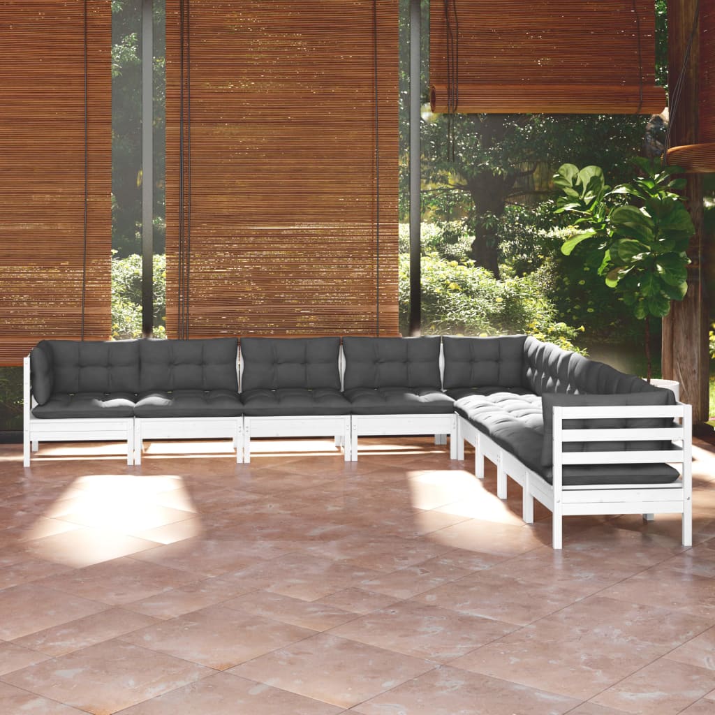 9-delige Loungeset met kussens massief grenenhout wit – afbeelding 1