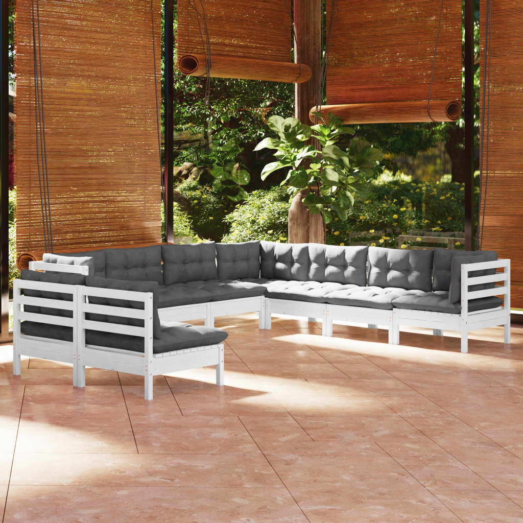 9-delige Loungeset met kussens massief grenenhout wit