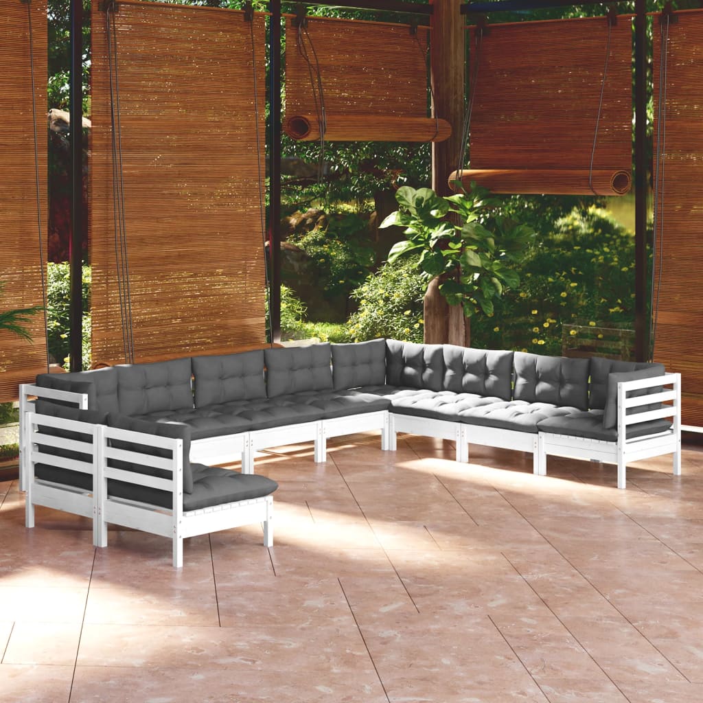 10-delige Loungeset met kussens massief grenenhout wit – afbeelding 1
