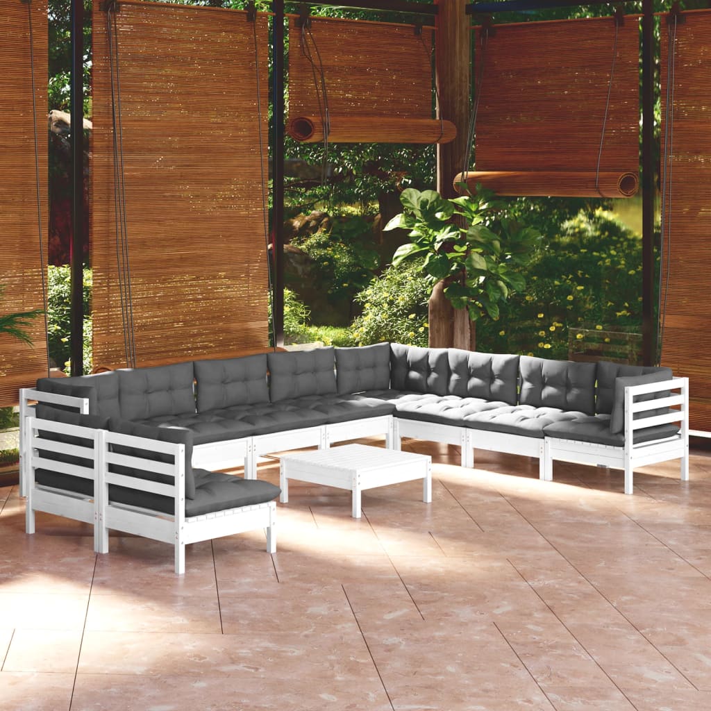 11-delige Loungeset met kussens massief grenenhout wit