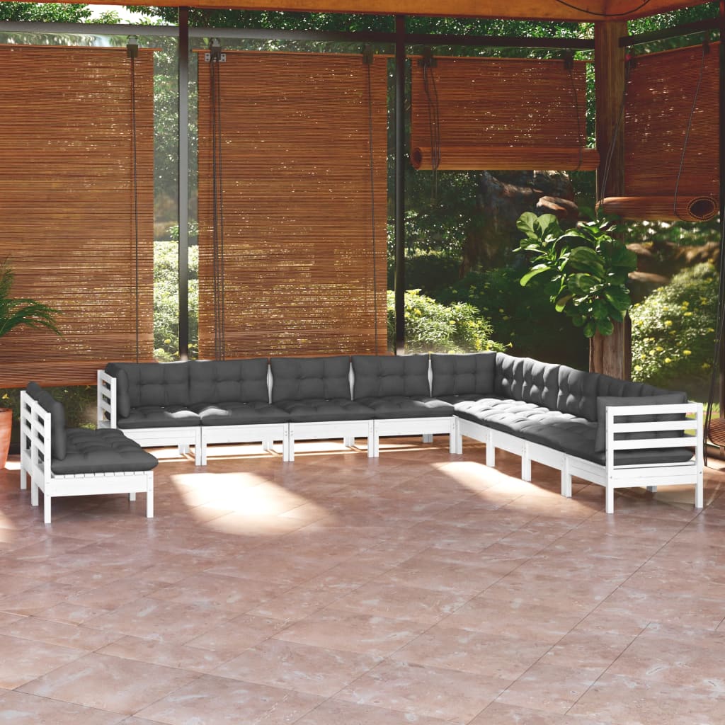 11-delige Loungeset met kussens massief grenenhout wit – afbeelding 1