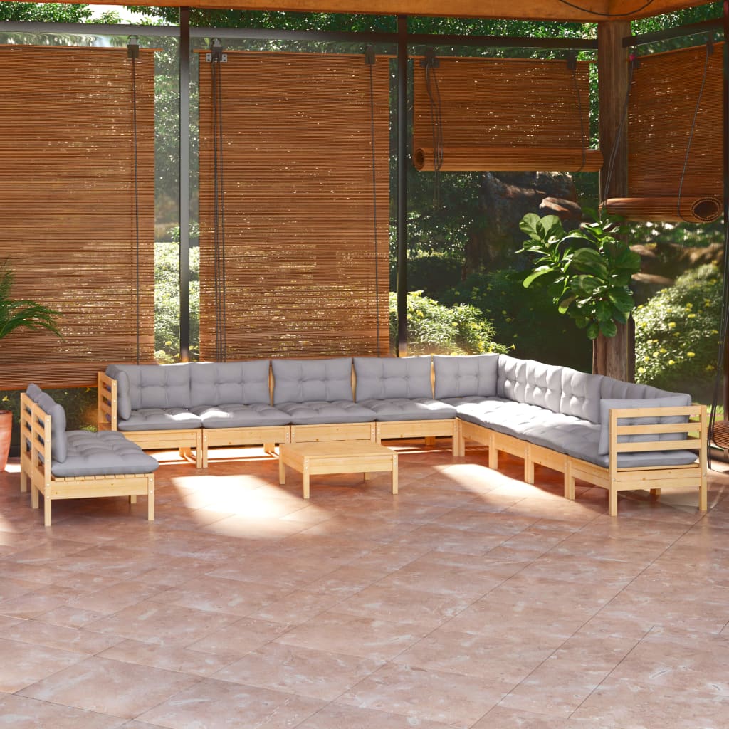 12-delige Loungeset met grijze kussens massief grenenhout – afbeelding 1