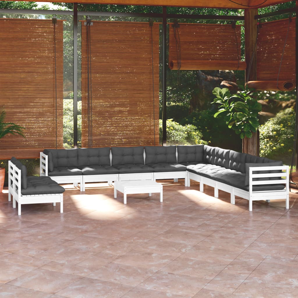 12-delige Loungeset met kussens massief grenenhout wit