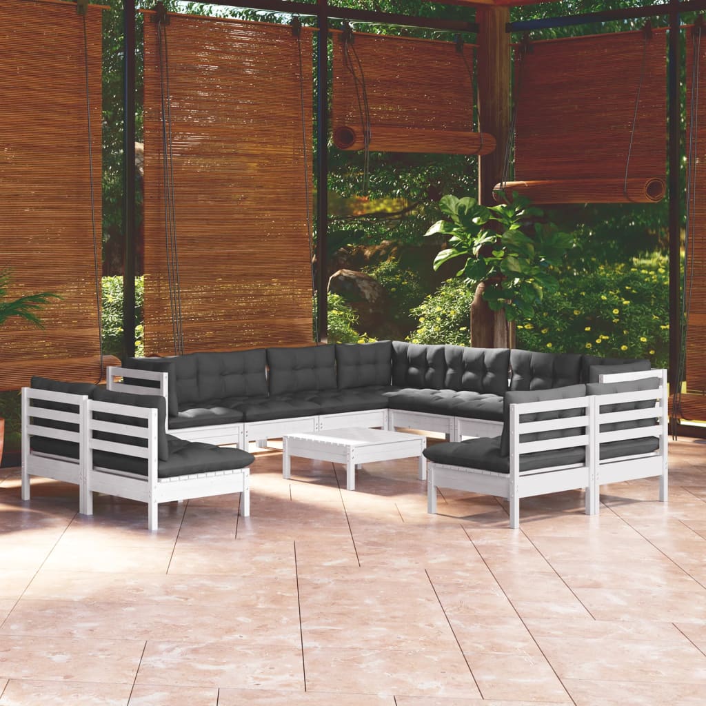 12-delige Loungeset met kussens massief grenenhout wit