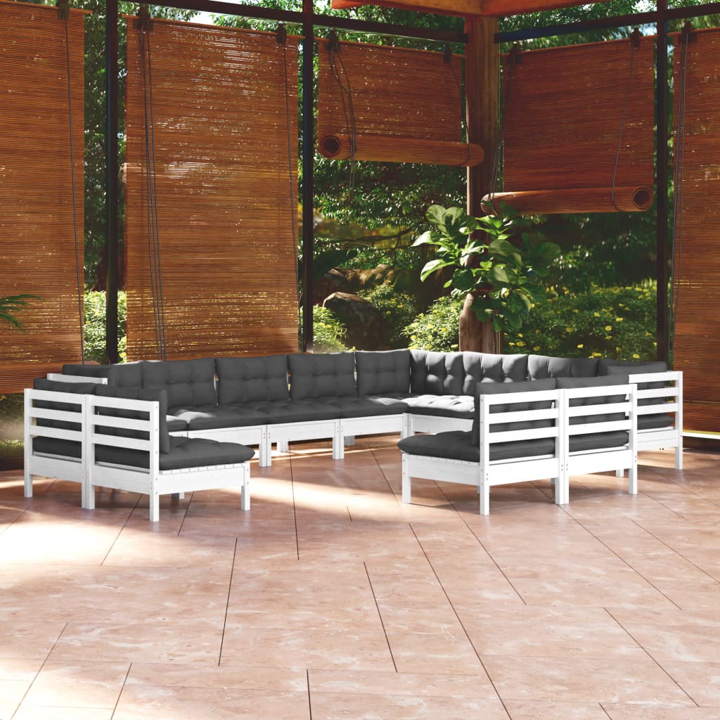 12-delige Loungeset met kussens massief grenenhout wit – afbeelding 1