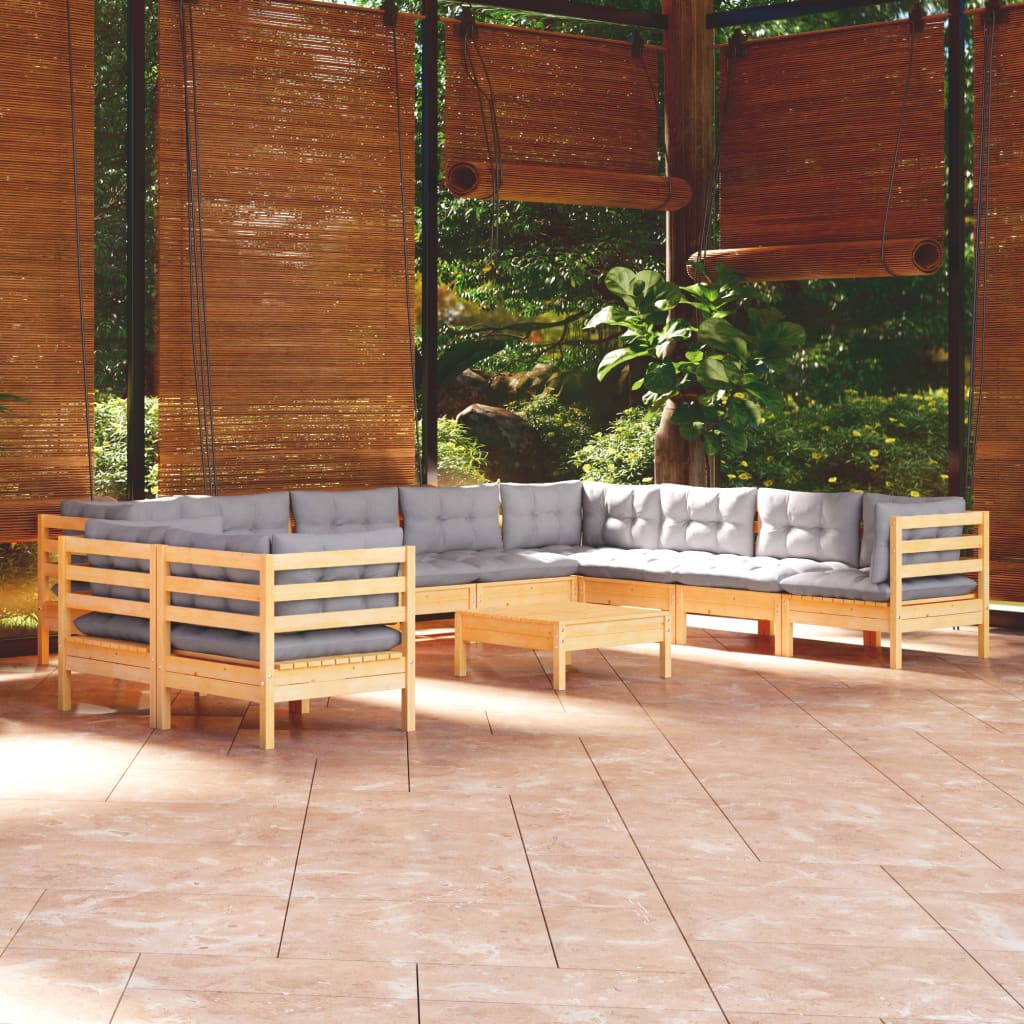 11-delige Loungeset met grijze kussens massief grenenhout – afbeelding 1