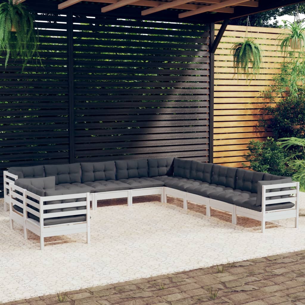11-delige Loungeset met kussens massief grenenhout wit – afbeelding 1