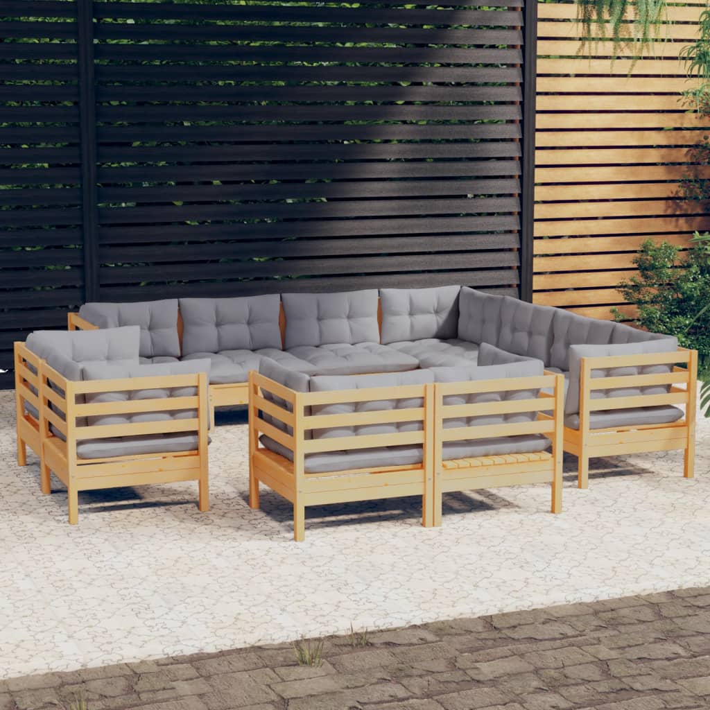 11-delige Loungeset met grijze kussens massief grenenhout