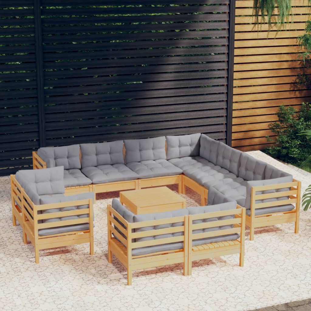 12-delige Loungeset met grijze kussens massief grenenhout – afbeelding 1