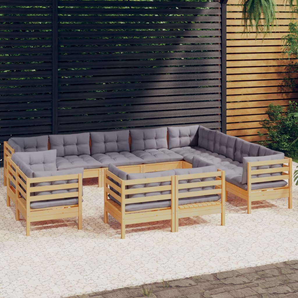 12-delige Loungeset met grijze kussens massief grenenhout – afbeelding 1