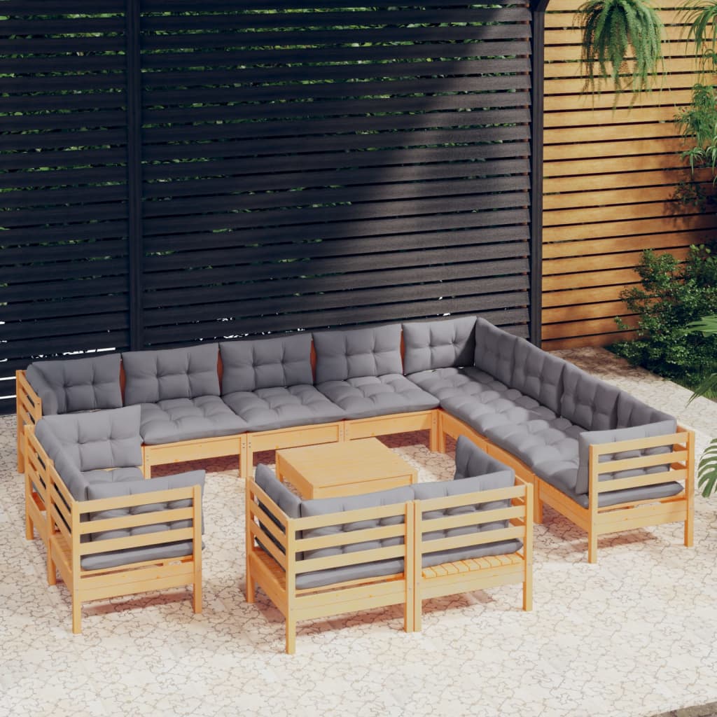 13-delige Loungeset met grijze kussens massief grenenhout – afbeelding 1