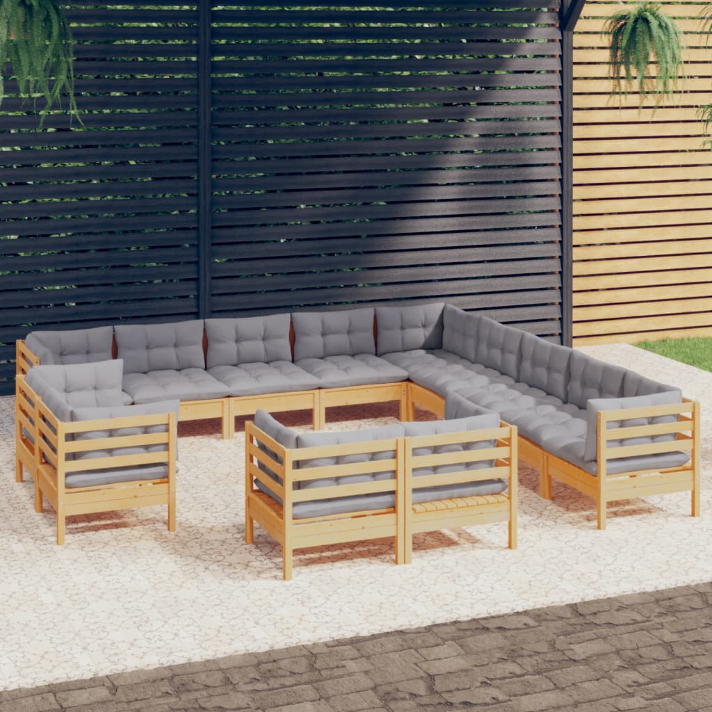 13-delige Loungeset met grijze kussens massief grenenhout – afbeelding 1