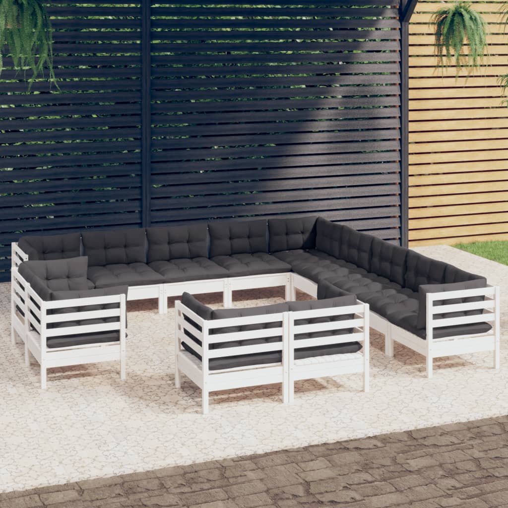 13-delige Loungeset met kussens massief grenenhout wit – afbeelding 1