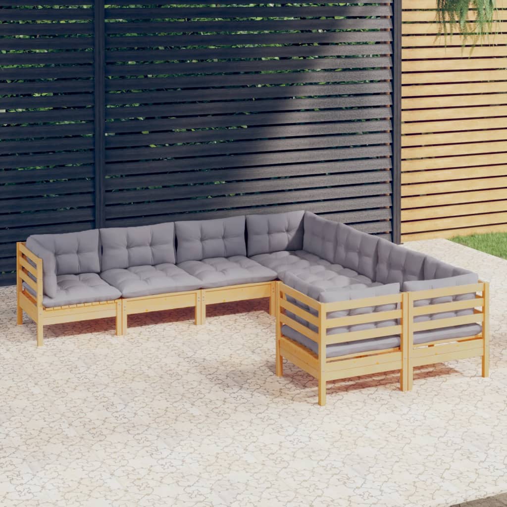8-delige Loungeset met grijze kussens massief grenenhout – afbeelding 1