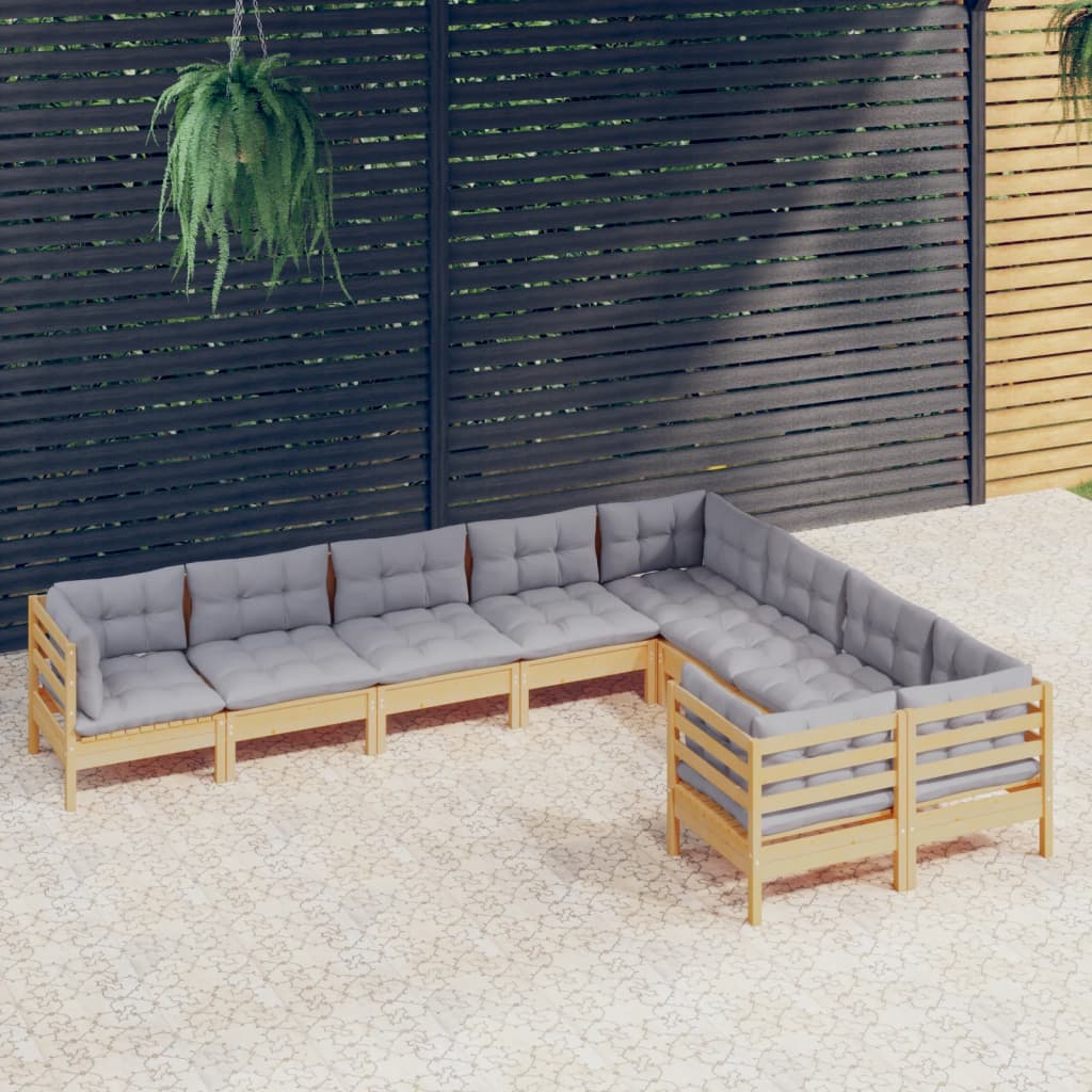 9-delige Loungeset met grijze kussens grenenhout – afbeelding 1