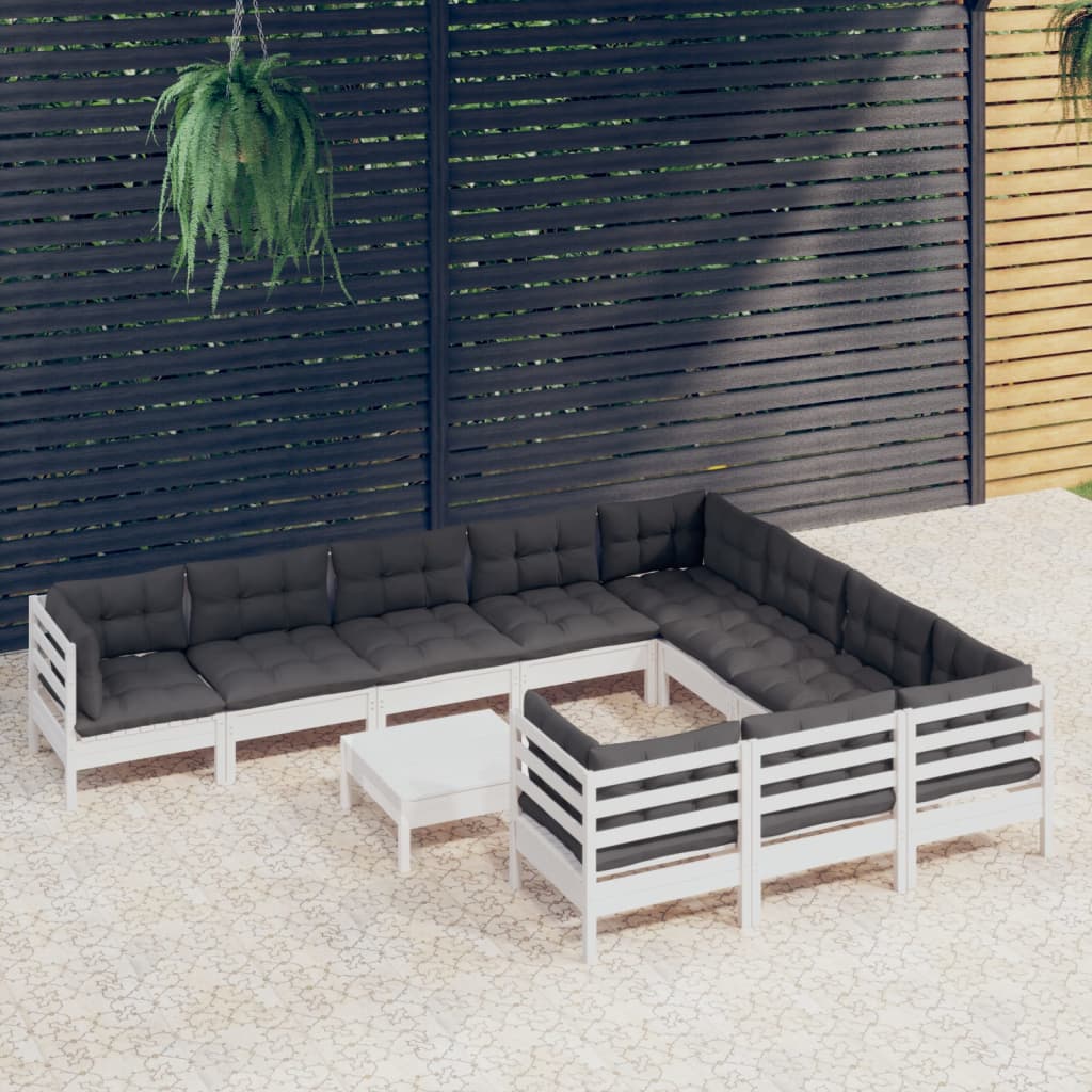 11-delige Loungeset met kussens grenenhout wit – afbeelding 1
