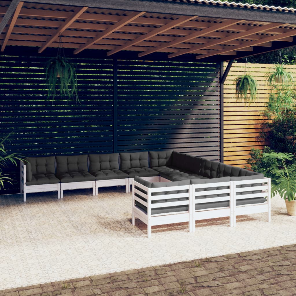 11-delige Loungeset met kussens grenenhout wit – afbeelding 1