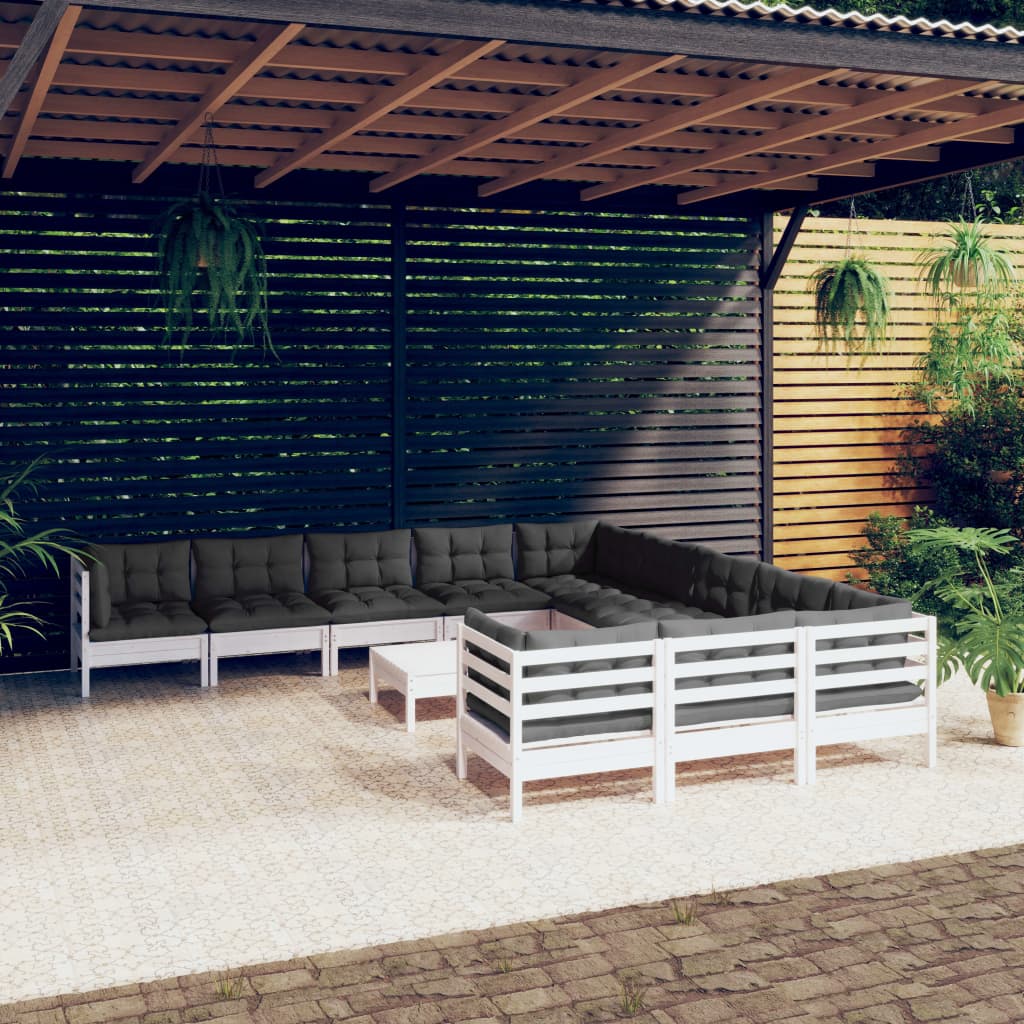 12-delige Loungeset met kussens massief grenenhout wit – afbeelding 1