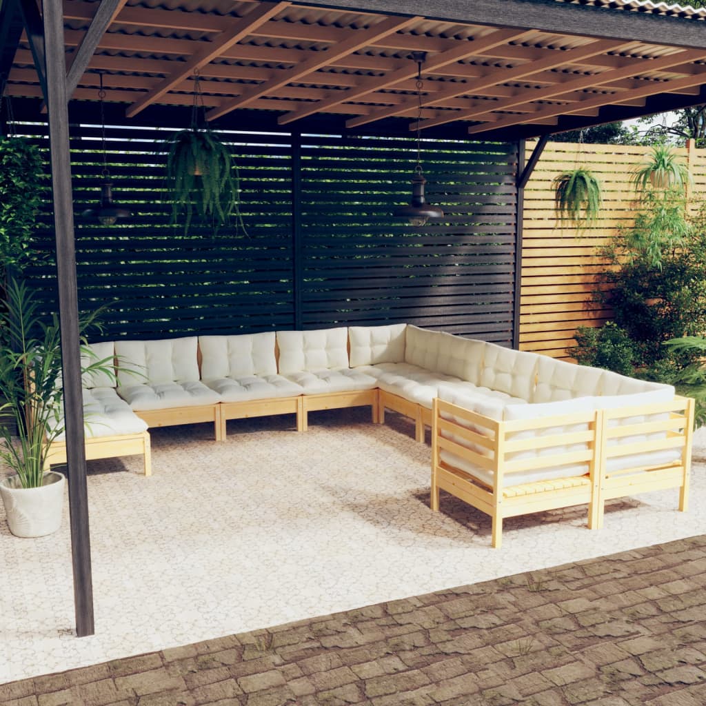 11-delige Loungeset met crèmekleurige kussens grenenhout – afbeelding 1