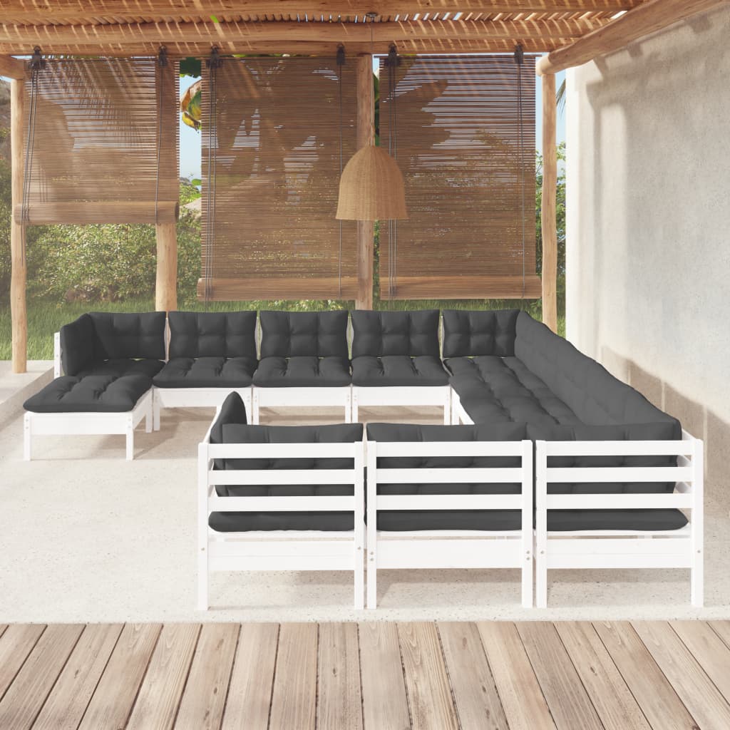 12-delige Loungeset met kussens massief grenenhout wit – afbeelding 1