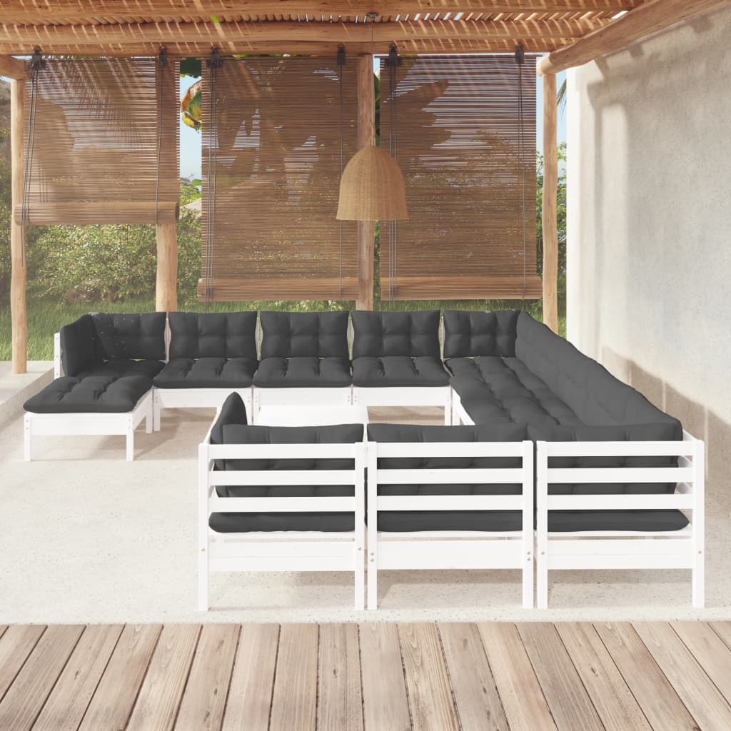 13-delige Loungeset met kussens grenenhout wit – afbeelding 1