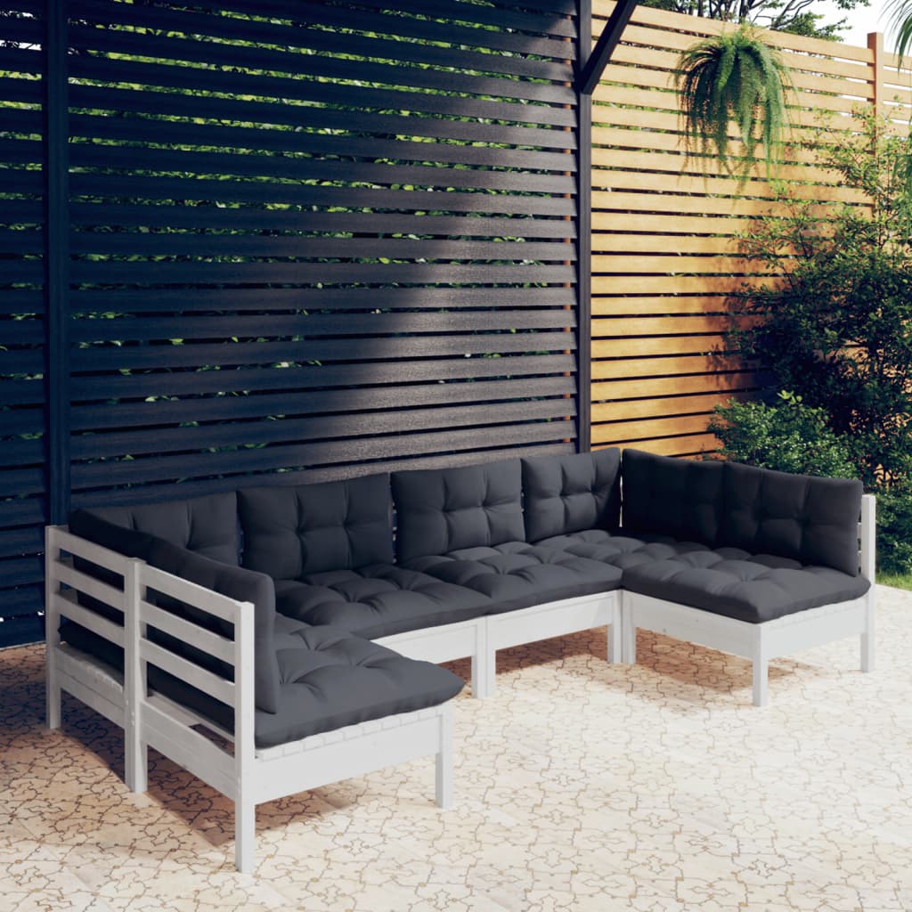 6-delige Loungeset met kussens massief grenenhout wit