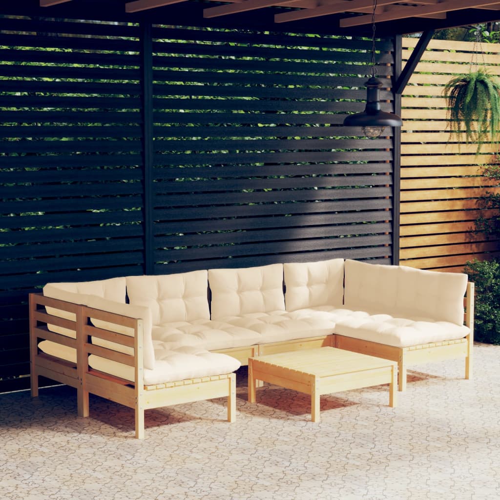 7-delige Loungeset met crèmekleurige kussens massief grenenhout – afbeelding 1