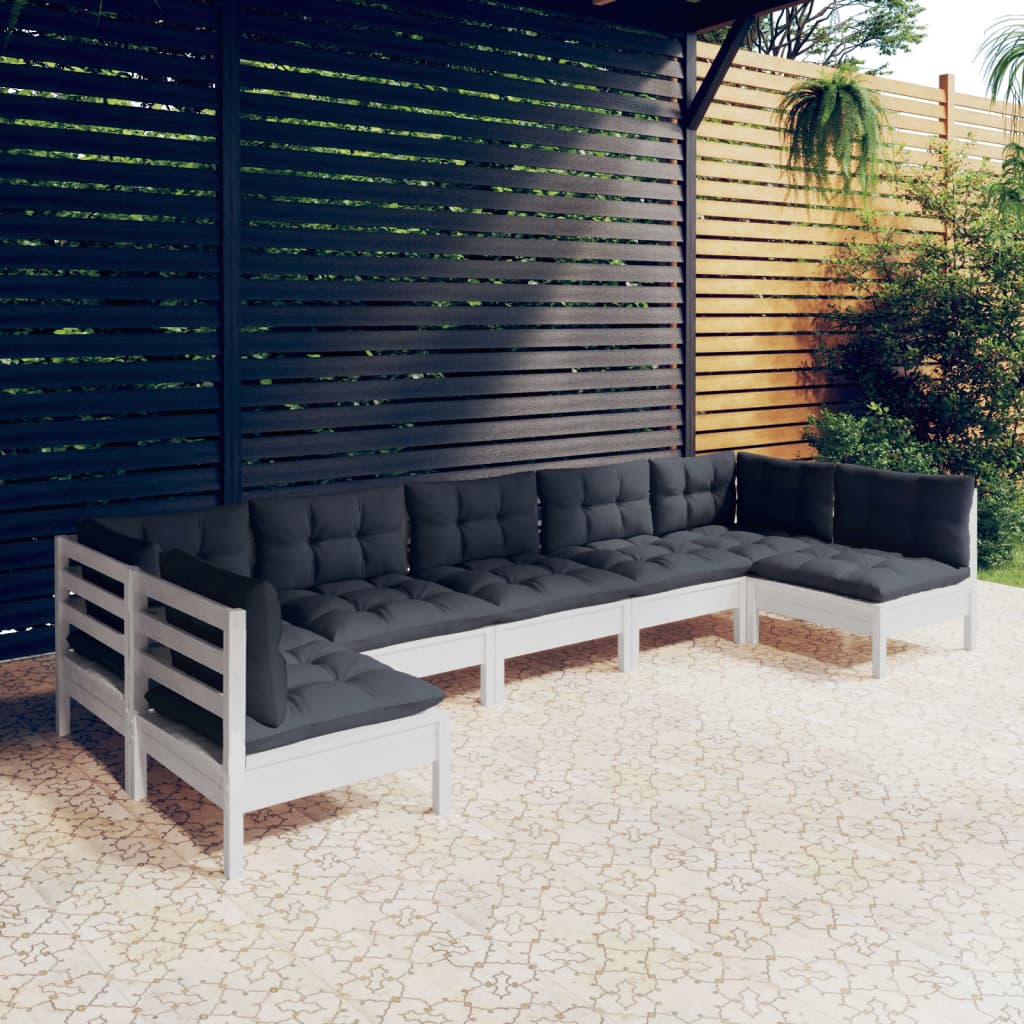 7-delige Loungeset met kussens massief grenenhout wit