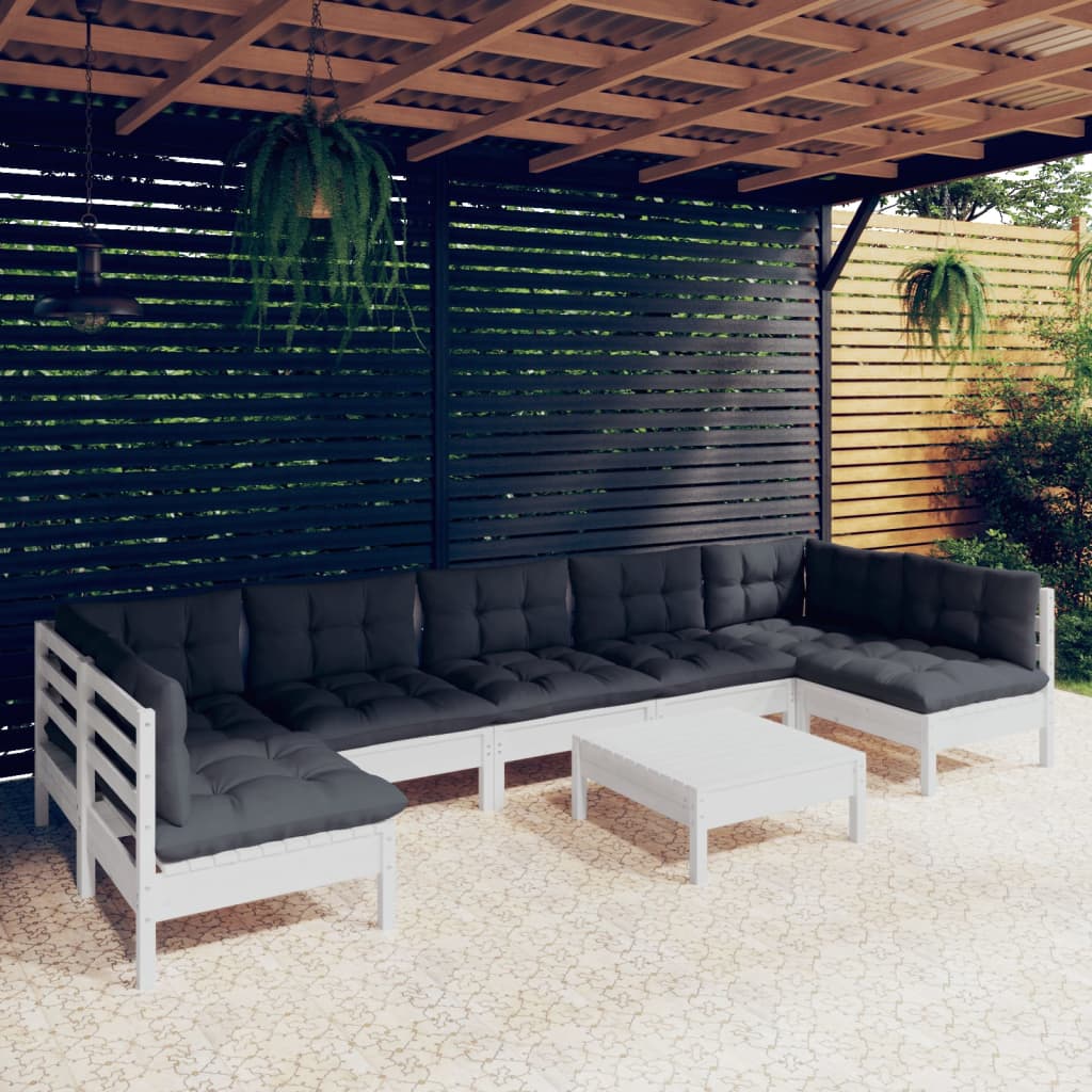 8-delige Loungeset met kussens massief grenenhout wit – afbeelding 1