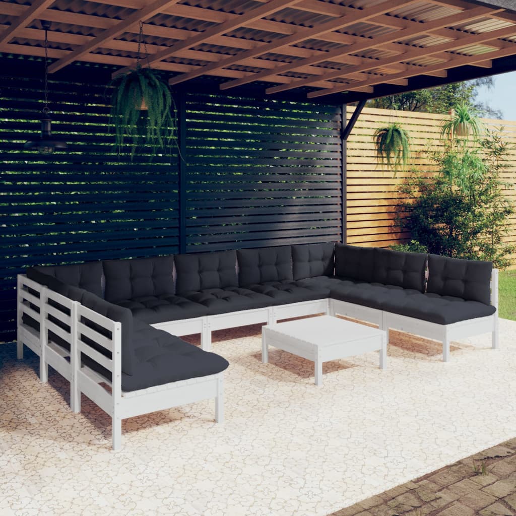 10-delige Loungeset met kussens massief grenenhout wit – afbeelding 1