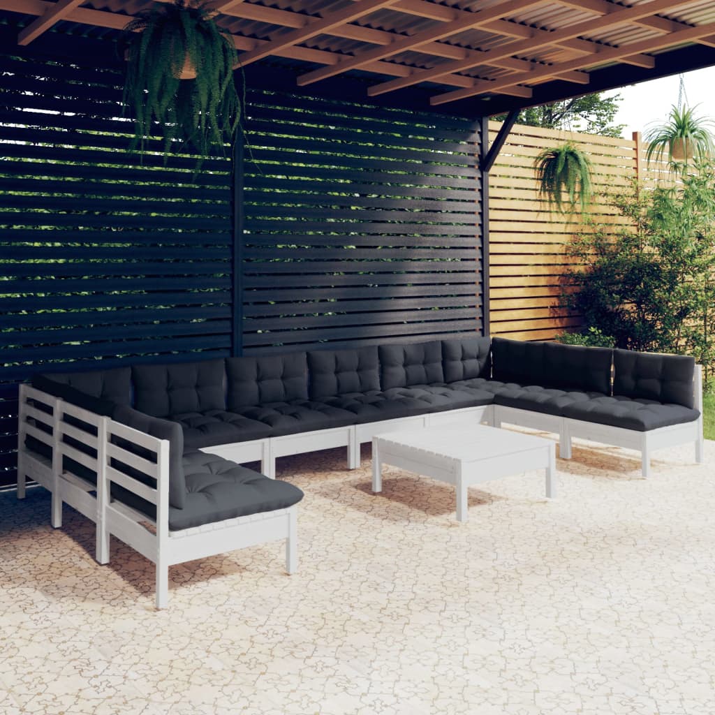 11-delige Loungeset met kussens massief grenenhout wit
