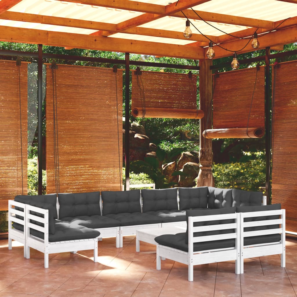 10-delige Loungeset met kussens massief grenenhout wit – afbeelding 1