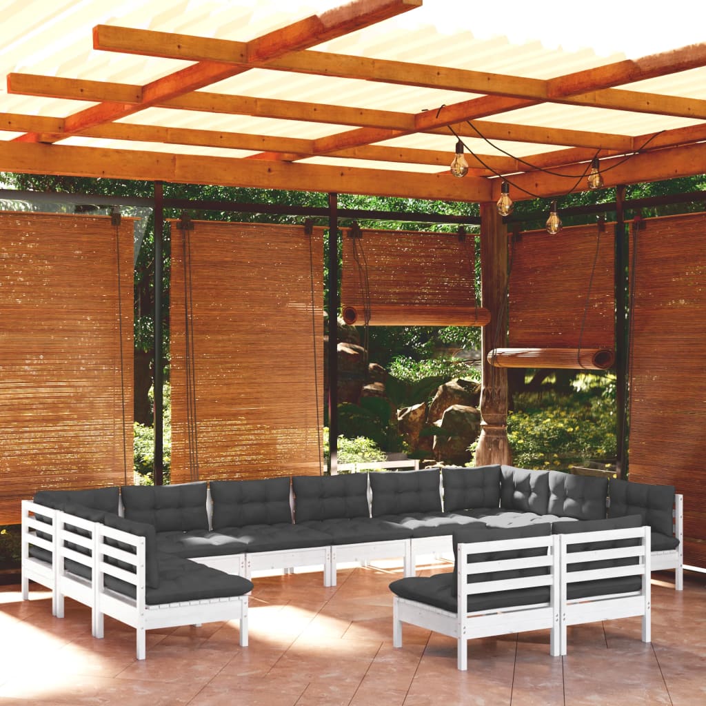 12-delige Loungeset met kussens massief grenenhout wit