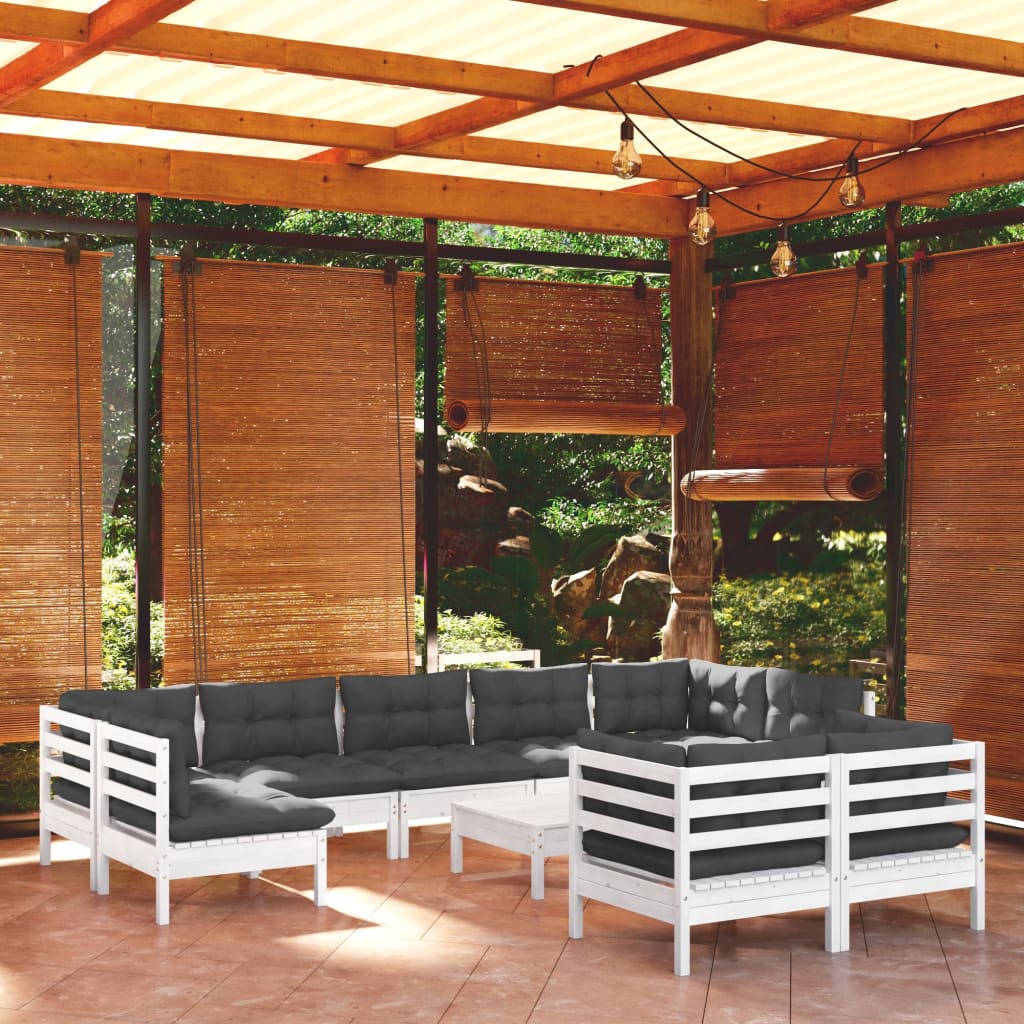 10-delige Loungeset met kussens massief grenenhout wit – afbeelding 1