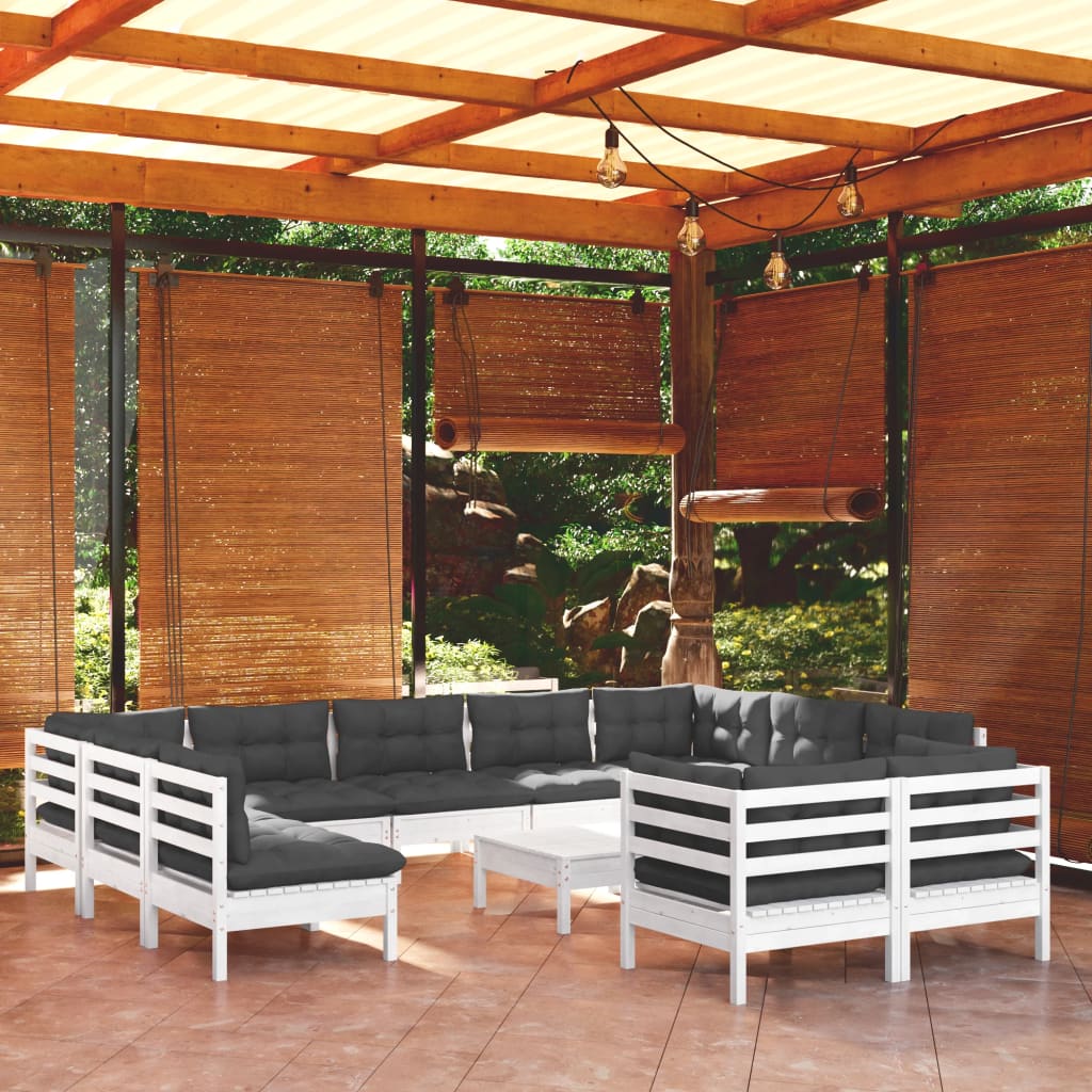 12-delige Loungeset met kussens massief grenenhout wit – afbeelding 1