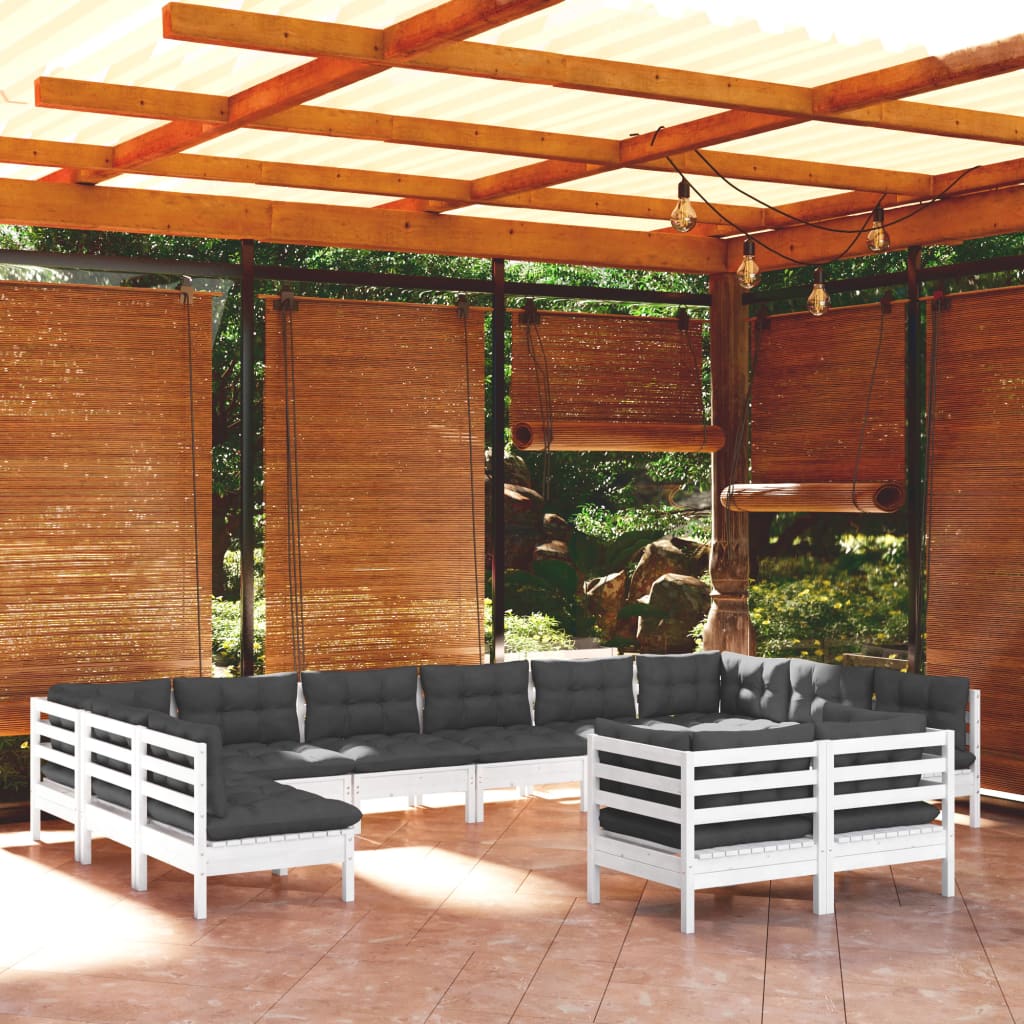12-delige Loungeset met kussens massief grenenhout wit