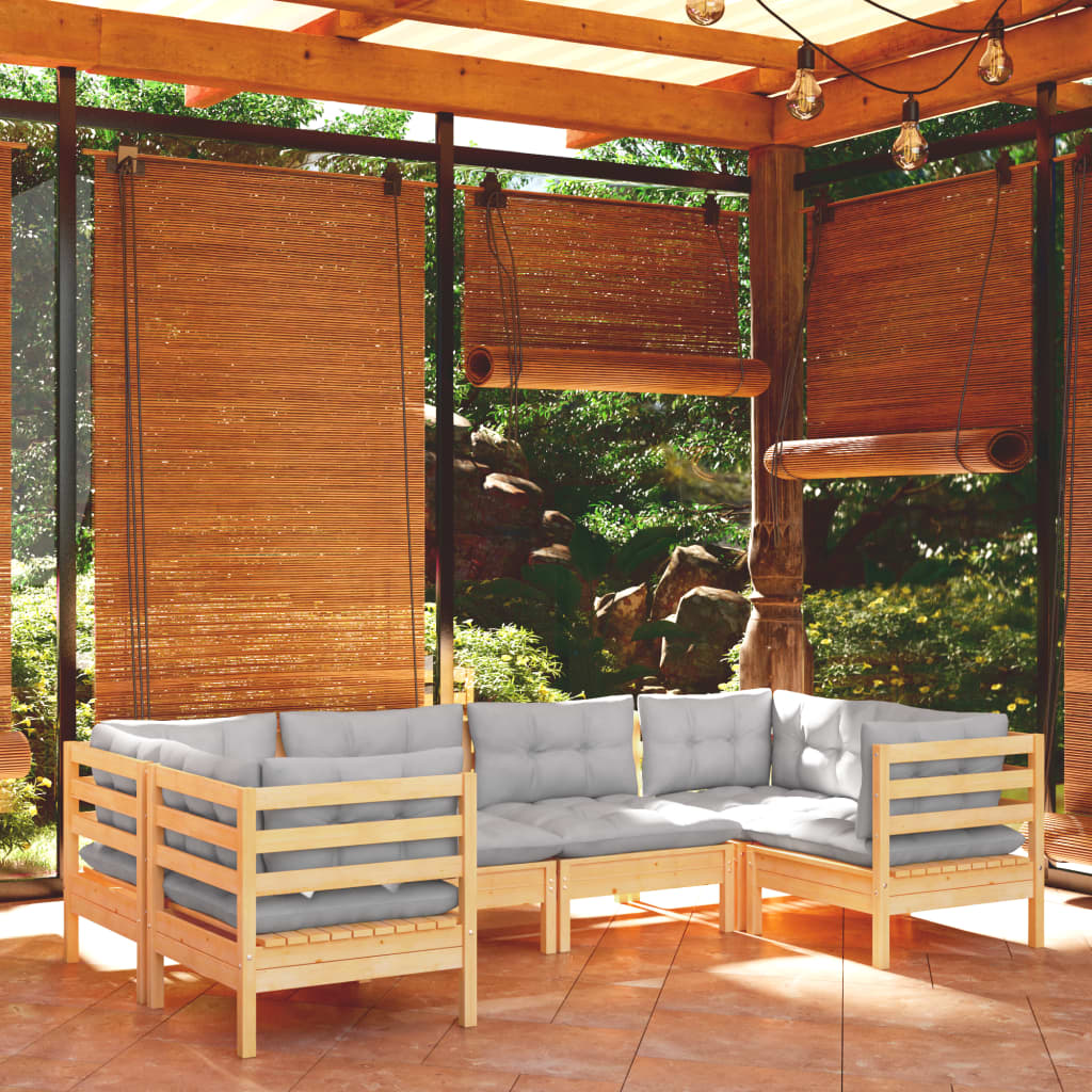 6-delige Loungeset met grijze kussens grenenhout – afbeelding 1