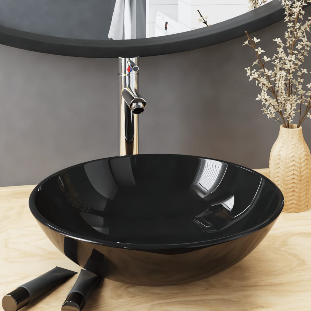 Wastafel met kraan en pop-up afvoer gehard glas zwart