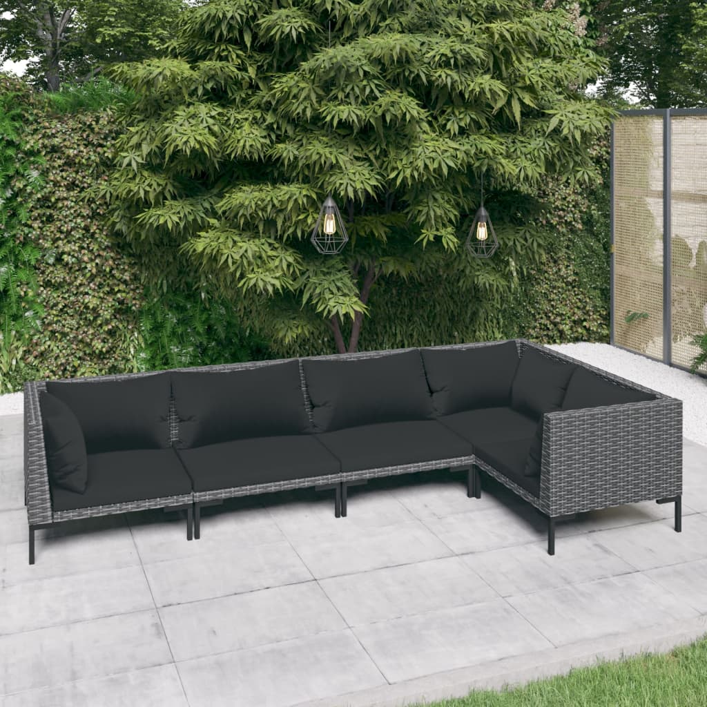 5-delige Loungeset met kussens poly rattan donkergrijs – afbeelding 1