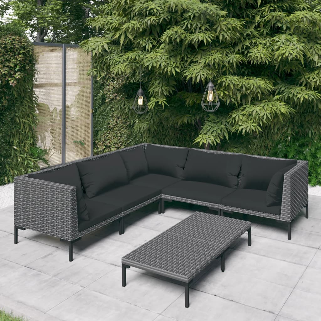 6-delige Loungeset met kussens poly rattan donkergrijs – afbeelding 1