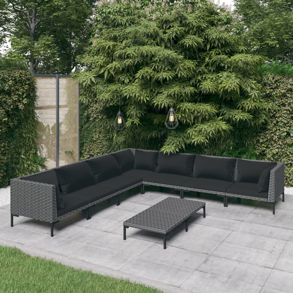 8-delige Loungeset met kussens poly rattan donkergrijs – afbeelding 1