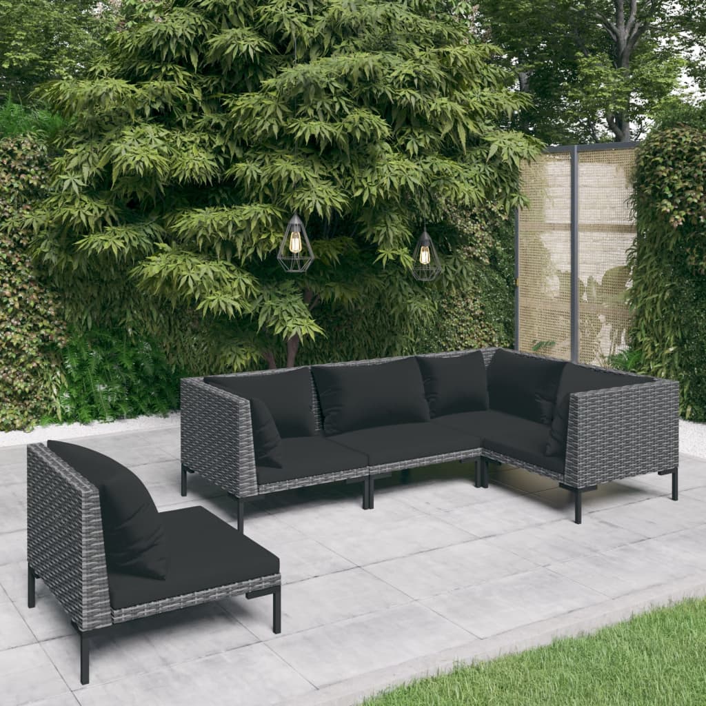 5-delige Loungeset met kussens poly rattan donkergrijs – afbeelding 1