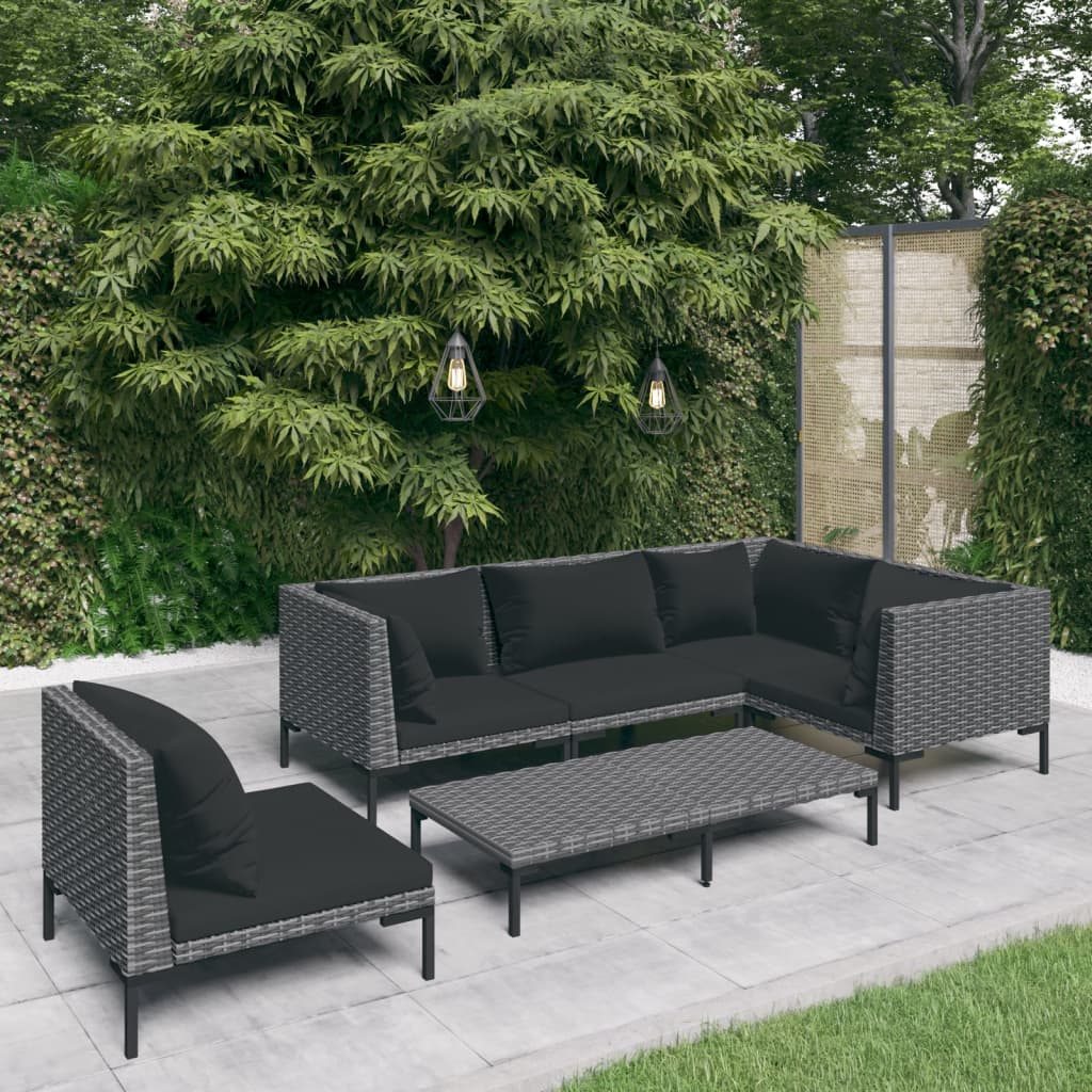 6-delige Loungeset met kussens poly rattan donkergrijs – afbeelding 1