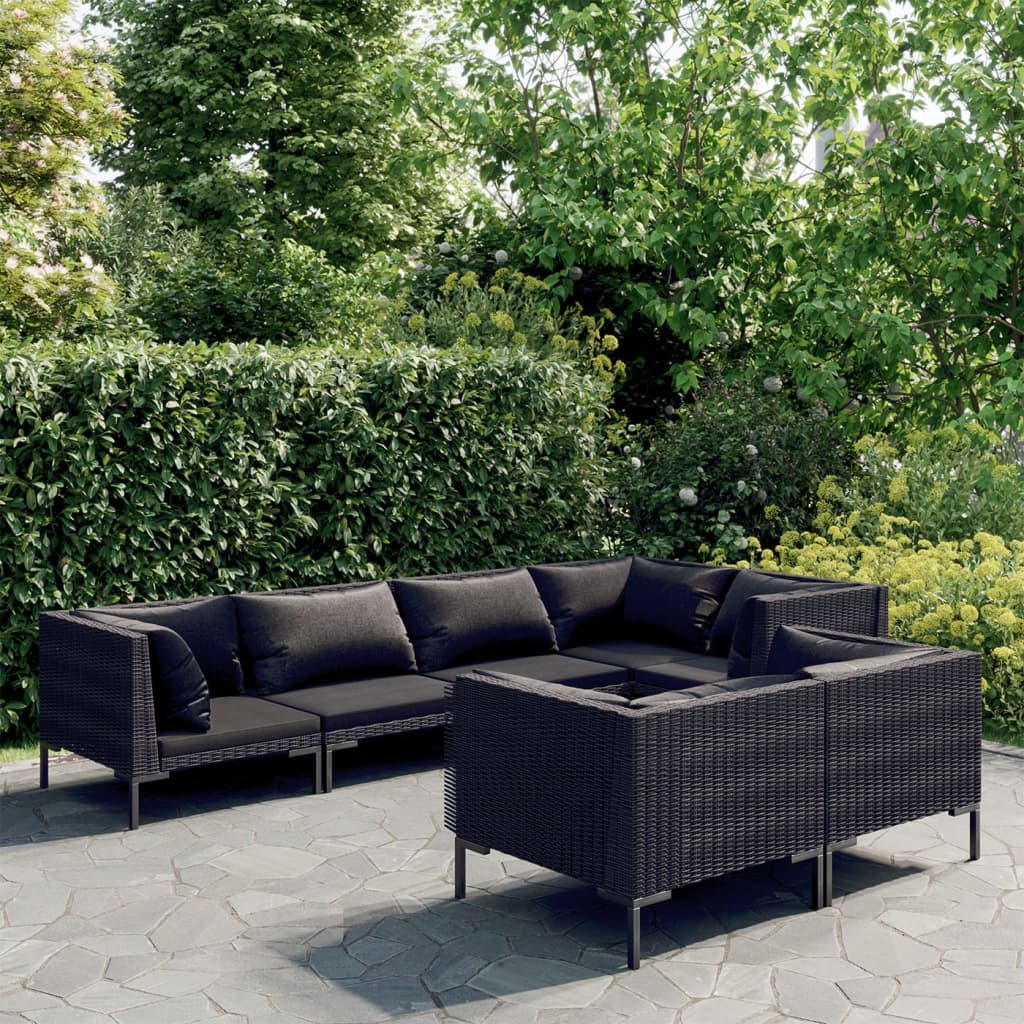 7-delige Loungeset met kussens poly rattan donkergrijs – afbeelding 1