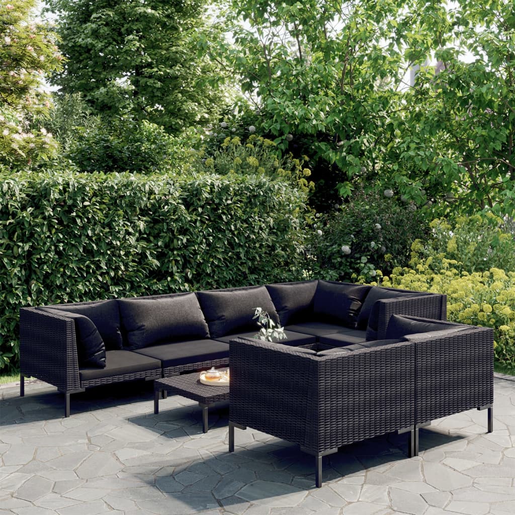 8-delige Loungeset met kussens poly rattan donkergrijs – afbeelding 1