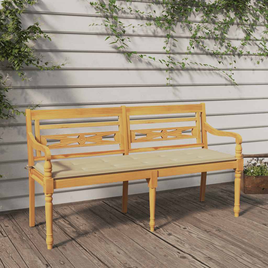 Bankje Batavia met beige kussen 150 cm massief teakhout – afbeelding 1
