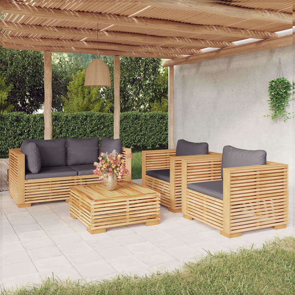 5-delige Loungeset met kussens massief teakhout – afbeelding 1