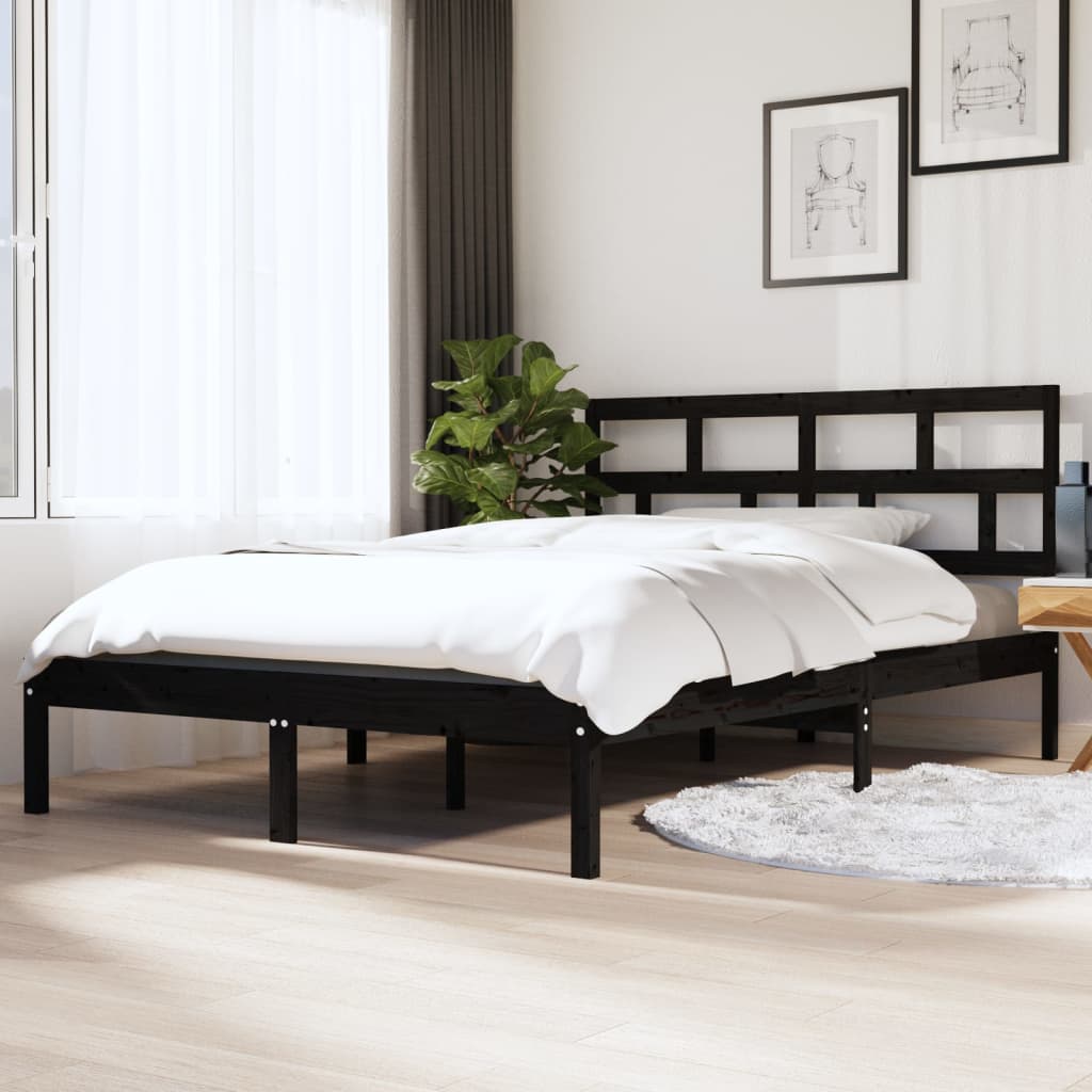 Bedframe massief hout zwart 135x190 cm – afbeelding 1