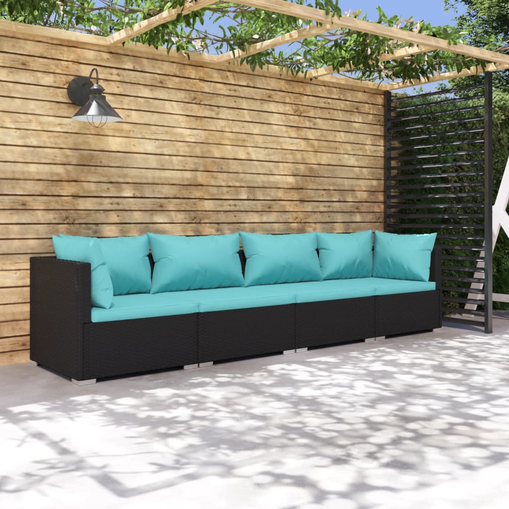 4-delige Loungeset met kussens poly rattan zwart – afbeelding 1