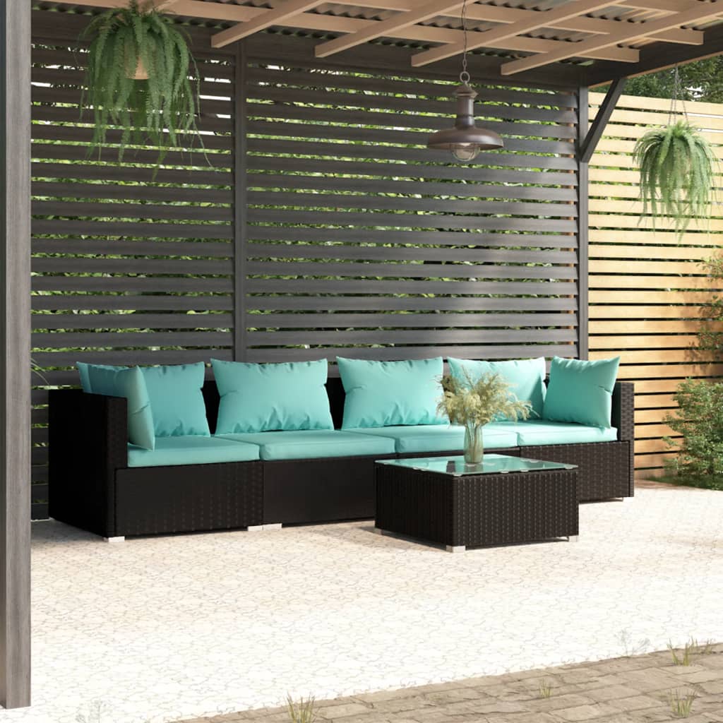 5-delige Loungeset met kussens poly rattan zwart – afbeelding 1